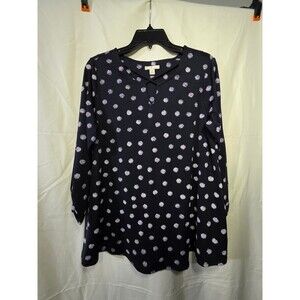 Shein Womens Polka Dot Tunic Blouse Navy White Button Notch Neck M